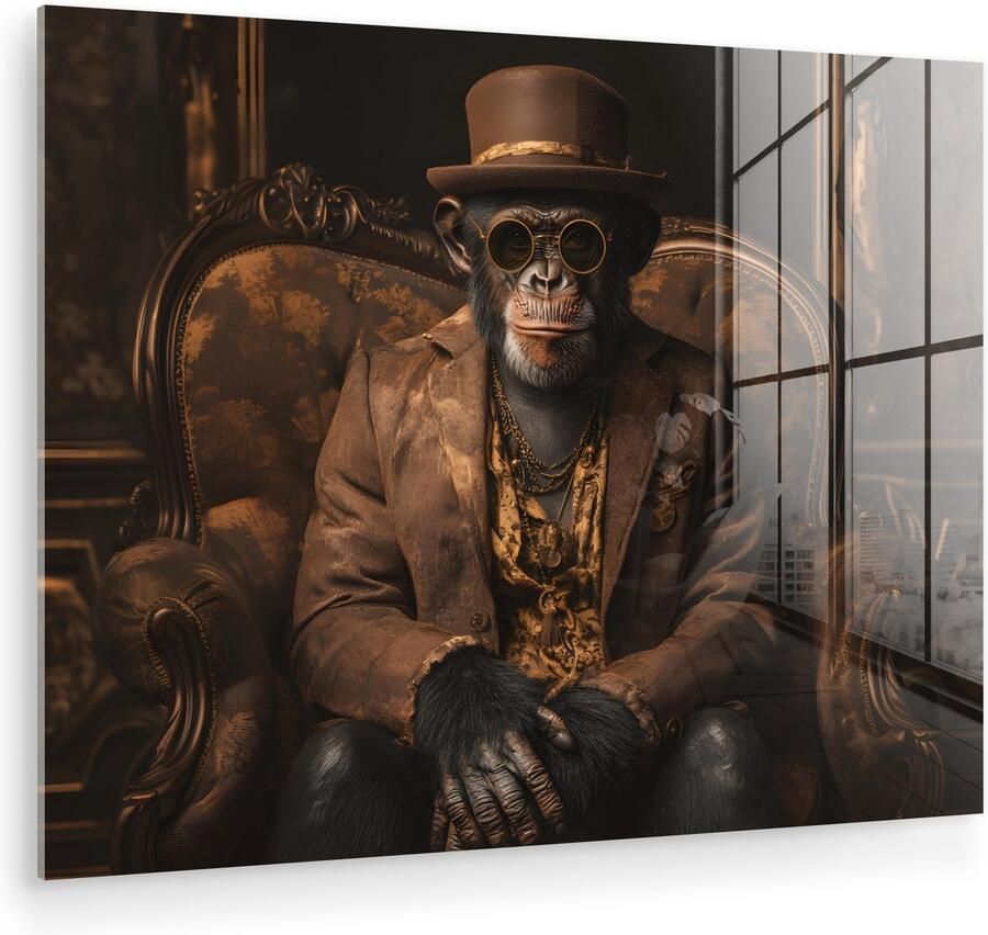 MuchoWow Glasschilderij 120x90 cm Schilderij acrylglas Chimpansee Stoel Pak Bruin Foto op glas Muurdecoratie woonkamer Wanddecoratie slaapkamer Schilderijen