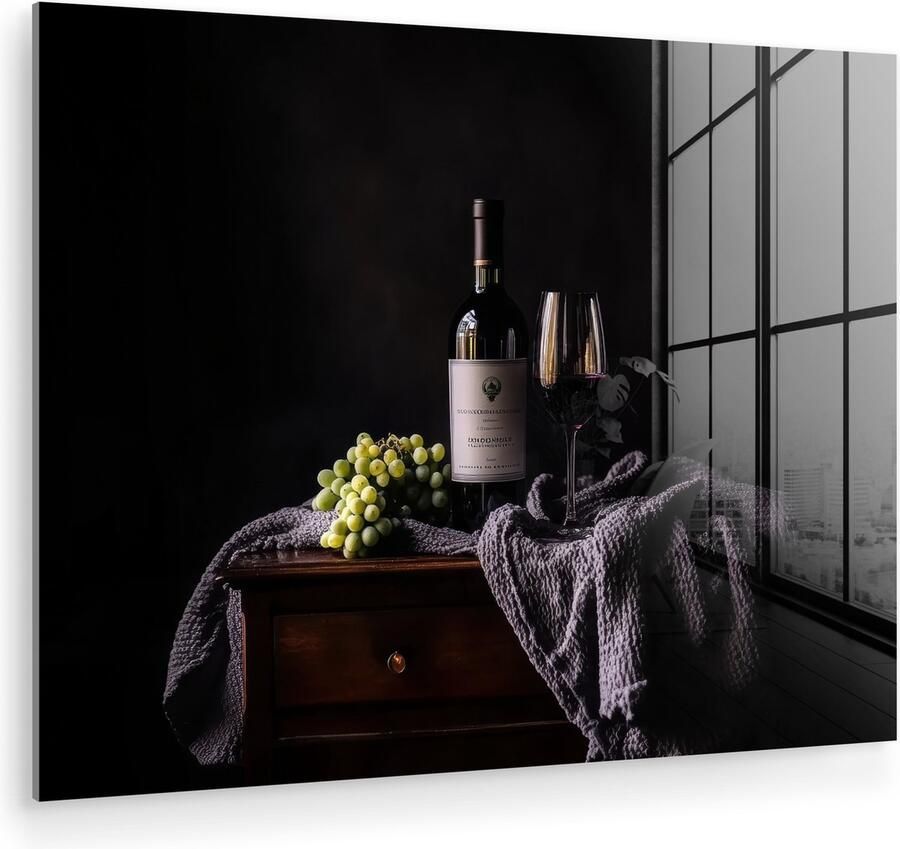 MuchoWow Glasschilderij 40x30 cm Schilderij acrylglas Druiven Wijn Rood Tafel Foto op glas Muurdecoratie woonkamer Wanddecoratie slaapkamer Schilderijen