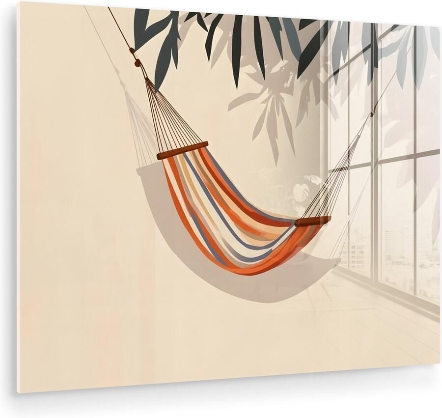 MuchoWow Glasschilderij 120x90 cm Schilderij acrylglas Hangmat Kleurrijk Bladeren Schaduw Foto op glas Muurdecoratie woonkamer Wanddecoratie slaapkamer Schilderijen