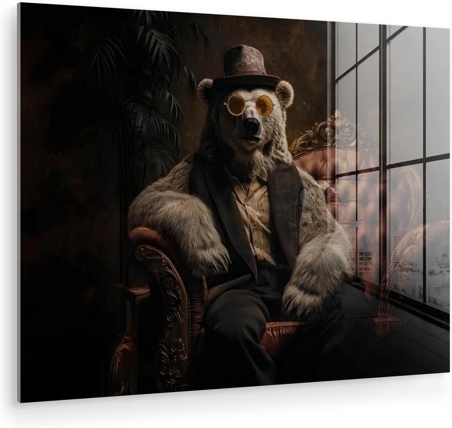 MuchoWow Glasschilderij 120x90 cm Schilderij acrylglas Ijsbeer Hoed Bril Stoel Foto op glas Muurdecoratie woonkamer Wanddecoratie slaapkamer Schilderijen