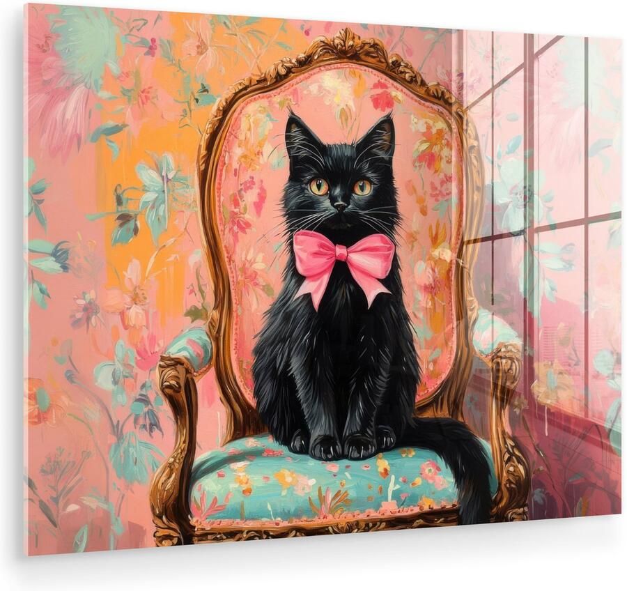 MuchoWow Glasschilderij 120x90 cm Schilderij acrylglas Kat Roze Stoel met bloemenmotief Foto op glas Muurdecoratie woonkamer Wanddecoratie slaapkamer Schilderijen
