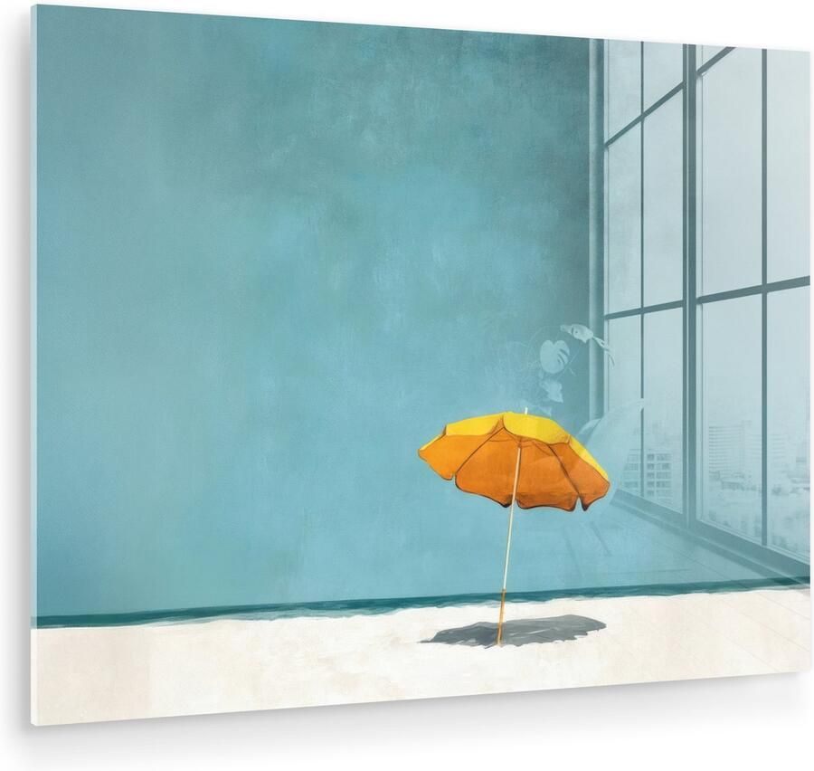 MuchoWow Glasschilderij 160x120 cm Schilderij acrylglas Parasol Geel Strand Zee Foto op glas Muurdecoratie woonkamer Wanddecoratie slaapkamer Schilderijen