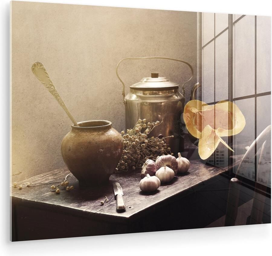 MuchoWow Glasschilderij 40x30 cm Schilderij acrylglas Stilleven Pompoen Knoflook Pan Tafel Foto op glas Muurdecoratie woonkamer Wanddecoratie slaapkamer Schilderijen