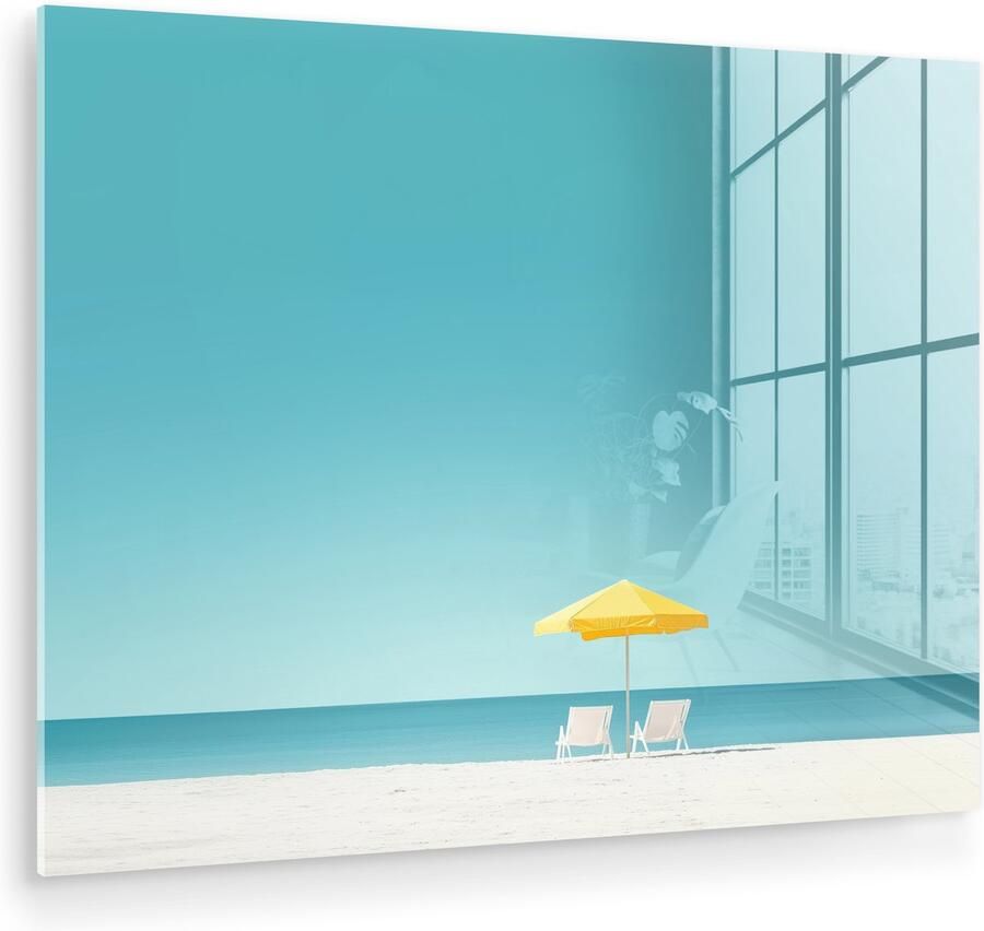 MuchoWow Glasschilderij 120x90 cm Schilderij acrylglas Strand Blauwe lucht Geel Parasol Foto op glas Muurdecoratie woonkamer Wanddecoratie slaapkamer Schilderijen