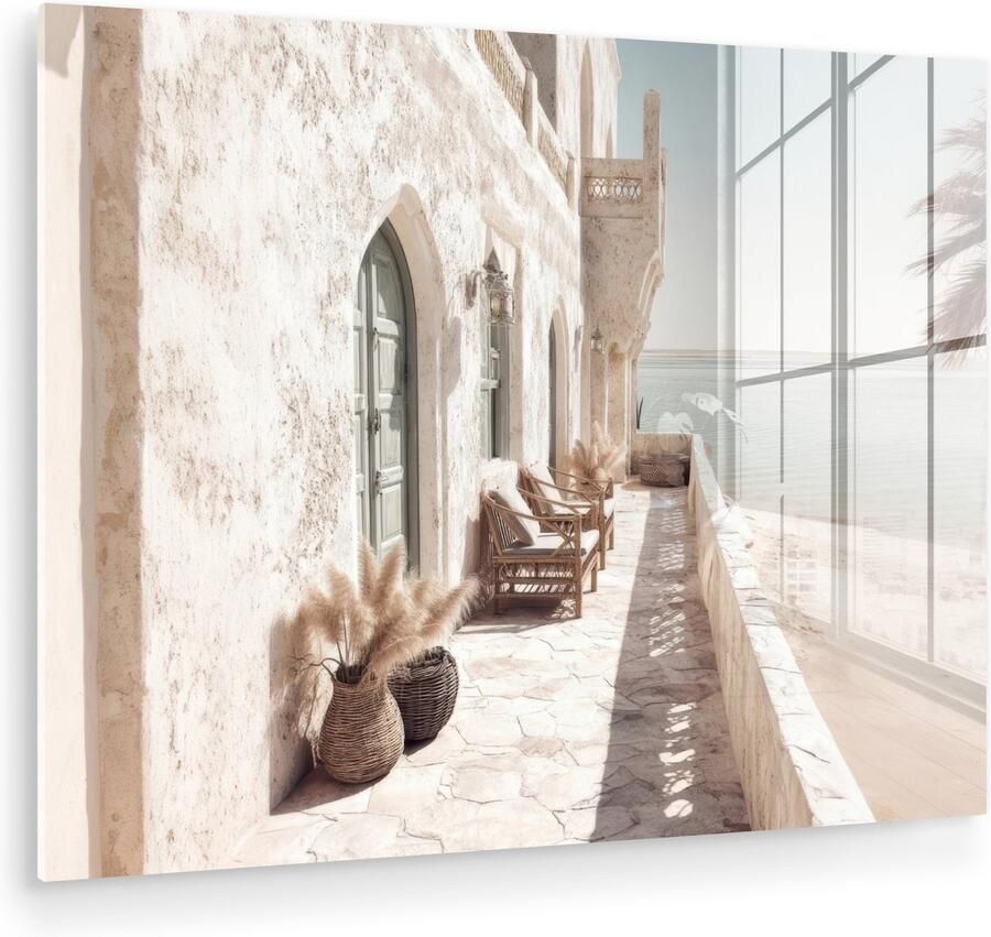 MuchoWow Glasschilderij 120x90 cm Schilderij acrylglas Terras Stoelen Strand Beige Foto op glas Muurdecoratie woonkamer Wanddecoratie slaapkamer Schilderijen