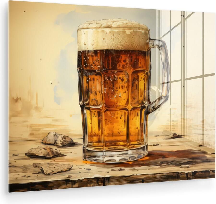 MuchoWow Glasschilderij 40x30 cm Schilderij acrylglas Vintage Bier Pul Hout Tafel Drinken Foto op glas Muurdecoratie woonkamer Wanddecoratie slaapkamer Schilderijen