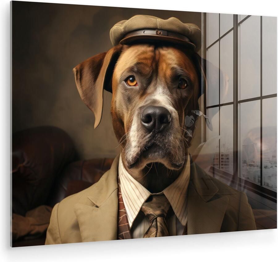 MuchoWow Glasschilderij 80x60 cm Schilderij acrylglas Vintage Hond Hoed Pak Bank Bruin Foto op glas Muurdecoratie woonkamer Wanddecoratie slaapkamer Schilderijen
