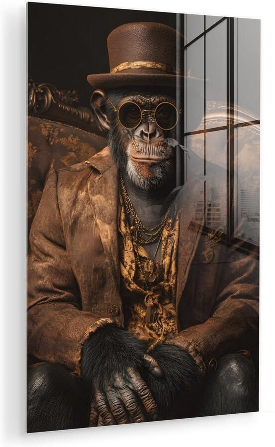MuchoWow Glasschilderij 60x90 cm Schilderij acrylglas Chimpansee Stoel Pak Bruin Foto op glas Muurdecoratie woonkamer Wanddecoratie slaapkamer Schilderijen