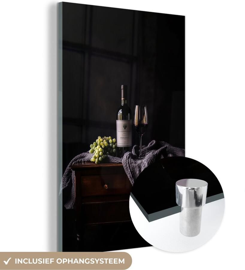 MuchoWow Glasschilderij 100x150 cm Schilderij acrylglas Druiven Wijn Rood Tafel Foto op glas Muurdecoratie woonkamer Wanddecoratie slaapkamer Schilderijen