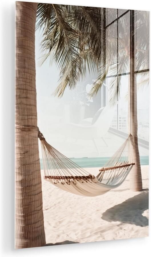 MuchoWow Glasschilderij 60x90 cm Schilderij acrylglas Hangmat Palmbomen Strand Zee Foto op glas Muurdecoratie woonkamer Wanddecoratie slaapkamer Schilderijen