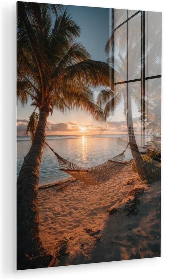 MuchoWow Glasschilderij 60x90 cm Schilderij acrylglas Palmbomen Hangmat Strand Zonsondergang Foto op glas Muurdecoratie woonkamer Wanddecoratie slaapkamer Schilderijen