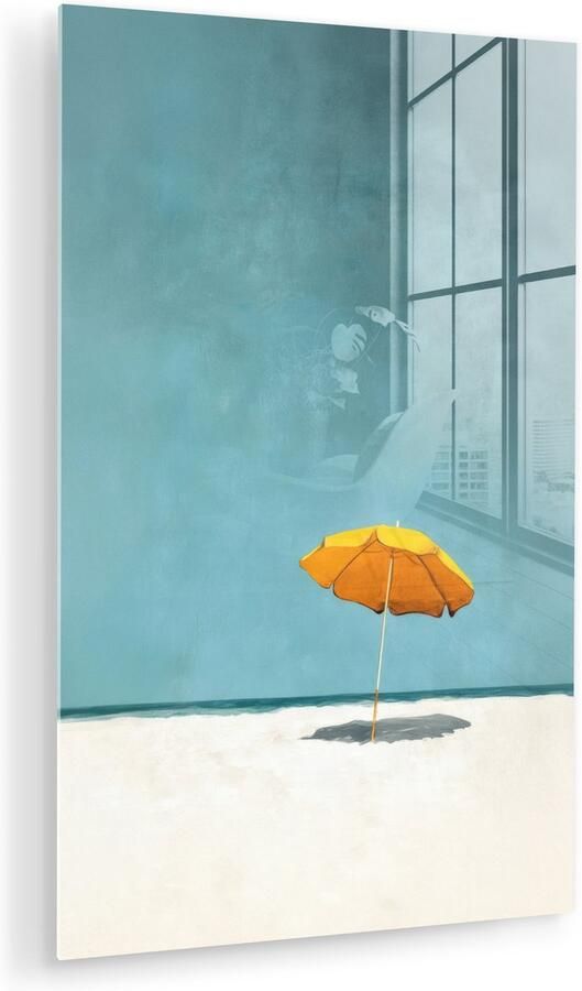 MuchoWow Glasschilderij 120x180 cm Schilderij acrylglas Parasol Geel Strand Zee Foto op glas Muurdecoratie woonkamer Wanddecoratie slaapkamer Schilderijen