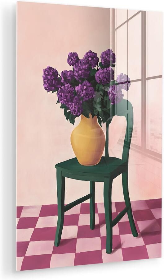 MuchoWow Glasschilderij 100x150 cm Schilderij acrylglas Stoel Vaas Bloemen Geblokt Foto op glas Muurdecoratie woonkamer Wanddecoratie slaapkamer Schilderijen