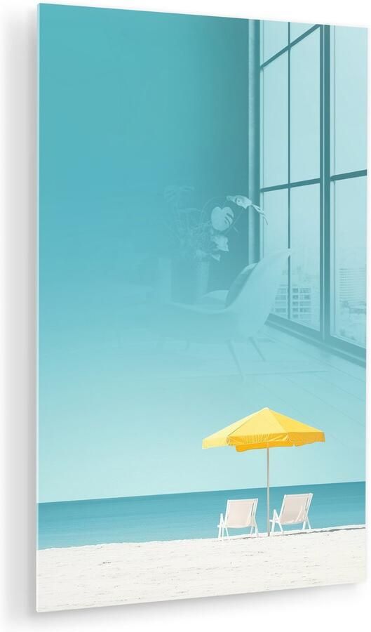 MuchoWow Glasschilderij 60x90 cm Schilderij acrylglas Strand Blauwe lucht Geel Parasol Foto op glas Muurdecoratie woonkamer Wanddecoratie slaapkamer Schilderijen