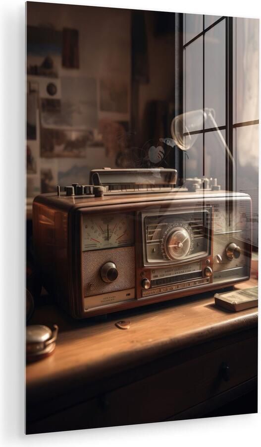 MuchoWow Glasschilderij 80x120 cm Schilderij acrylglas Vintage Radio Oud Bureau Lamp Foto op glas Muurdecoratie woonkamer Wanddecoratie slaapkamer Schilderijen