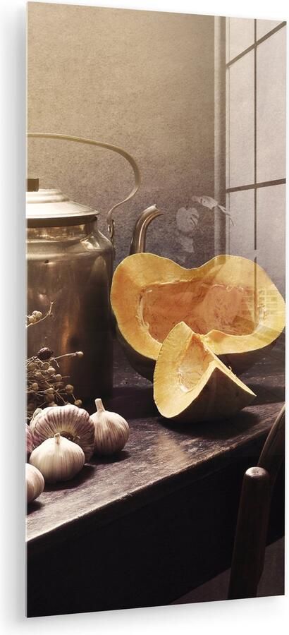 MuchoWow Glasschilderij 40x80 cm Schilderij acrylglas Stilleven Pompoen Knoflook Pan Tafel Foto op glas Muurdecoratie woonkamer Wanddecoratie slaapkamer Schilderijen