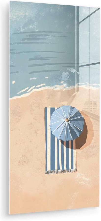 MuchoWow Glasschilderij 80x160 cm Schilderij acrylglas Strandlaken Strepen Parasol Strand Foto op glas Muurdecoratie woonkamer Wanddecoratie slaapkamer Schilderijen