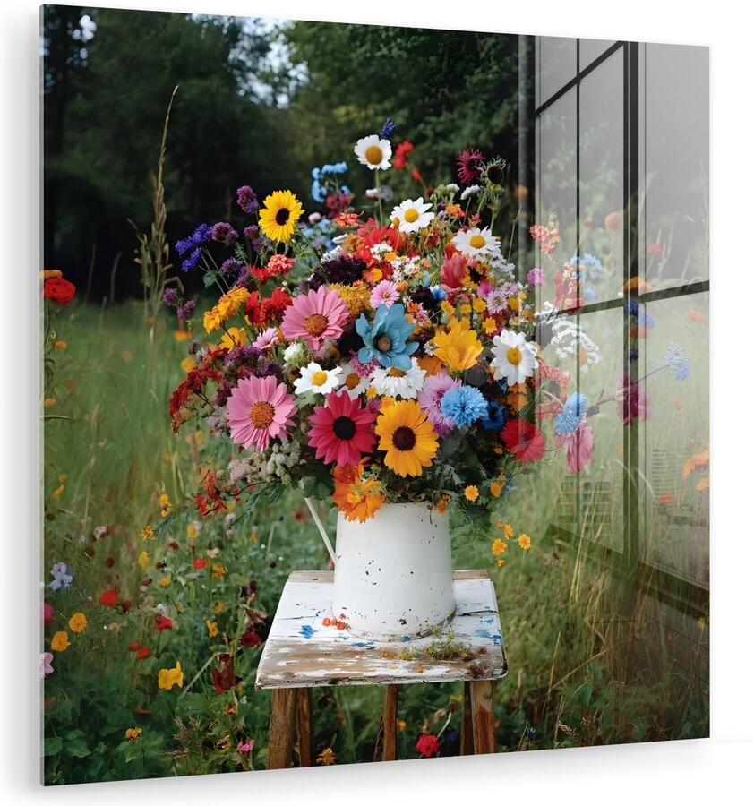 MuchoWow Glasschilderij 50x50 cm Schilderij acrylglas Bloemen Krukje Gieter Veld Foto op glas Muurdecoratie woonkamer Wanddecoratie slaapkamer Schilderijen