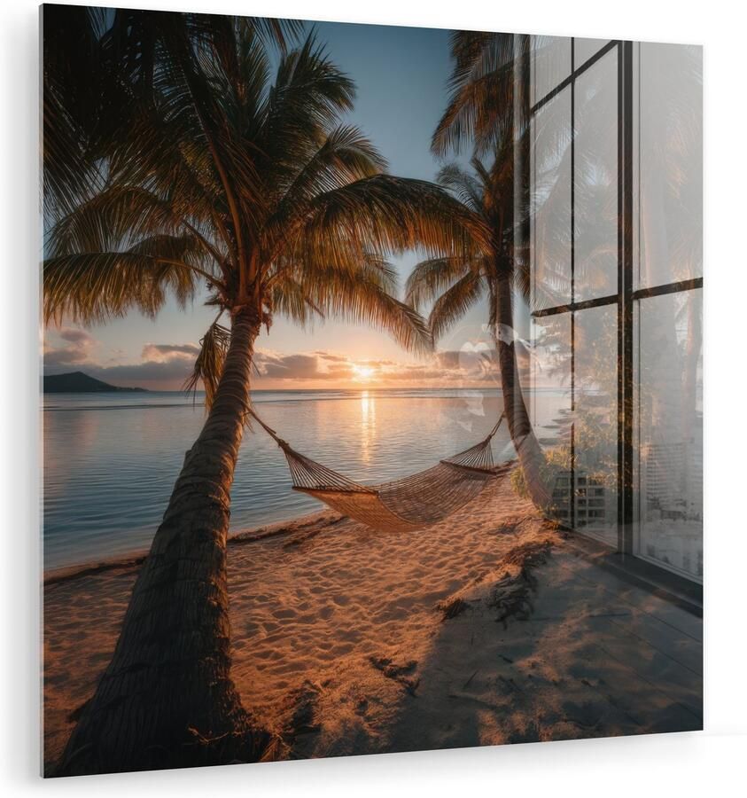MuchoWow Glasschilderij 90x90 cm Schilderij acrylglas Palmbomen Hangmat Strand Zonsondergang Foto op glas Muurdecoratie woonkamer Wanddecoratie slaapkamer Schilderijen