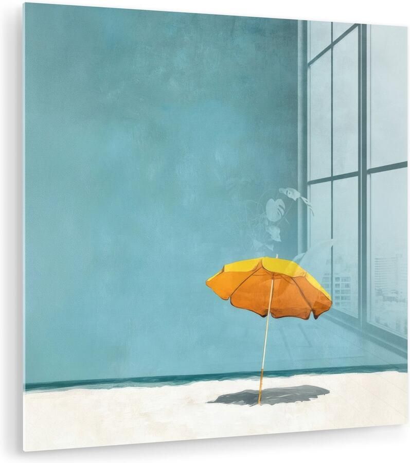 MuchoWow Glasschilderij 90x90 cm Schilderij acrylglas Parasol Geel Strand Zee Foto op glas Muurdecoratie woonkamer Wanddecoratie slaapkamer Schilderijen