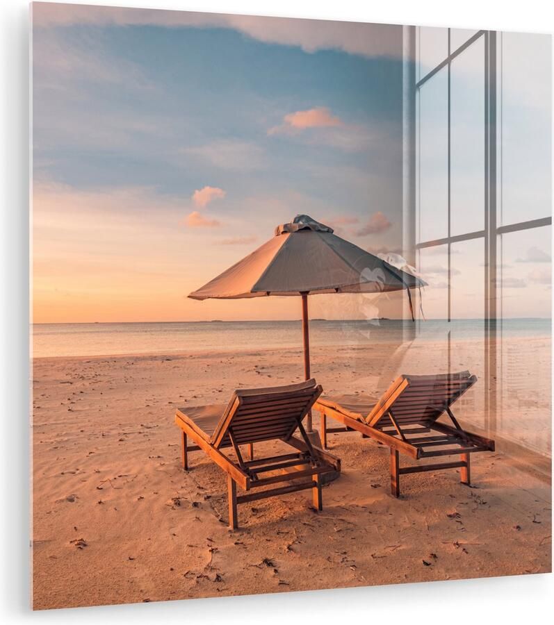MuchoWow Glasschilderij 50x50 cm Schilderij acrylglas Strand Ligbed Parasol Foto op glas Muurdecoratie woonkamer Wanddecoratie slaapkamer Schilderijen - Foto 2