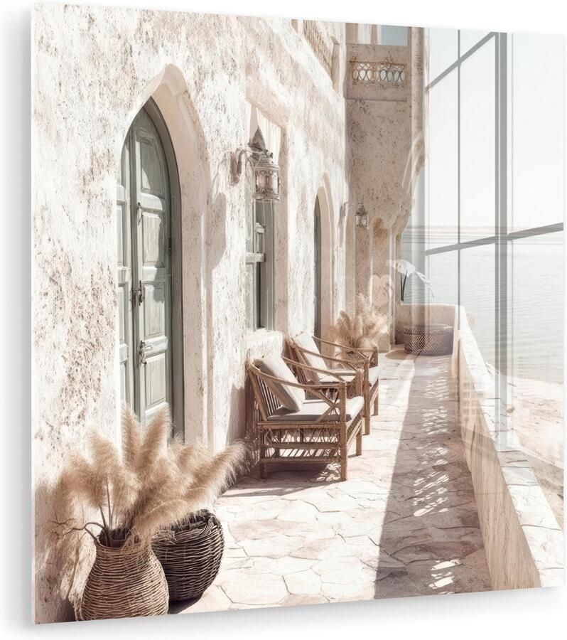 MuchoWow Glasschilderij 90x90 cm Schilderij acrylglas Terras Stoelen Strand Beige Foto op glas Muurdecoratie woonkamer Wanddecoratie slaapkamer Schilderijen