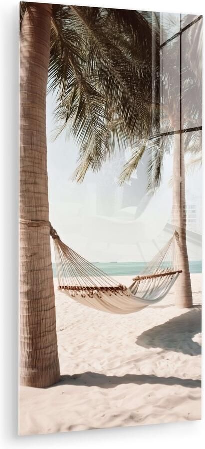 MuchoWow Glasschilderij 80x160 cm Schilderij acrylglas Hangmat Palmbomen Strand Zee Foto op glas Muurdecoratie woonkamer Wanddecoratie slaapkamer Schilderijen