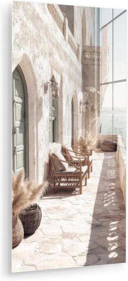 MuchoWow Glasschilderij 80x160 cm Schilderij acrylglas Terras Stoelen Strand Beige Foto op glas Muurdecoratie woonkamer Wanddecoratie slaapkamer Schilderijen