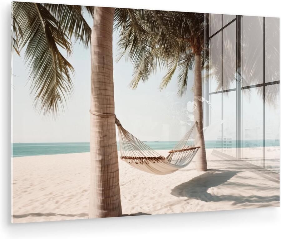 MuchoWow Glasschilderij 120x80 cm Schilderij acrylglas Hangmat Palmbomen Strand Zee Foto op glas Muurdecoratie woonkamer Wanddecoratie slaapkamer Schilderijen