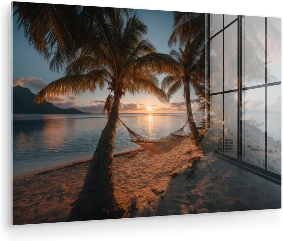 MuchoWow Glasschilderij 120x80 cm Schilderij acrylglas Palmbomen Hangmat Strand Zonsondergang Foto op glas Muurdecoratie woonkamer Wanddecoratie slaapkamer Schilderijen