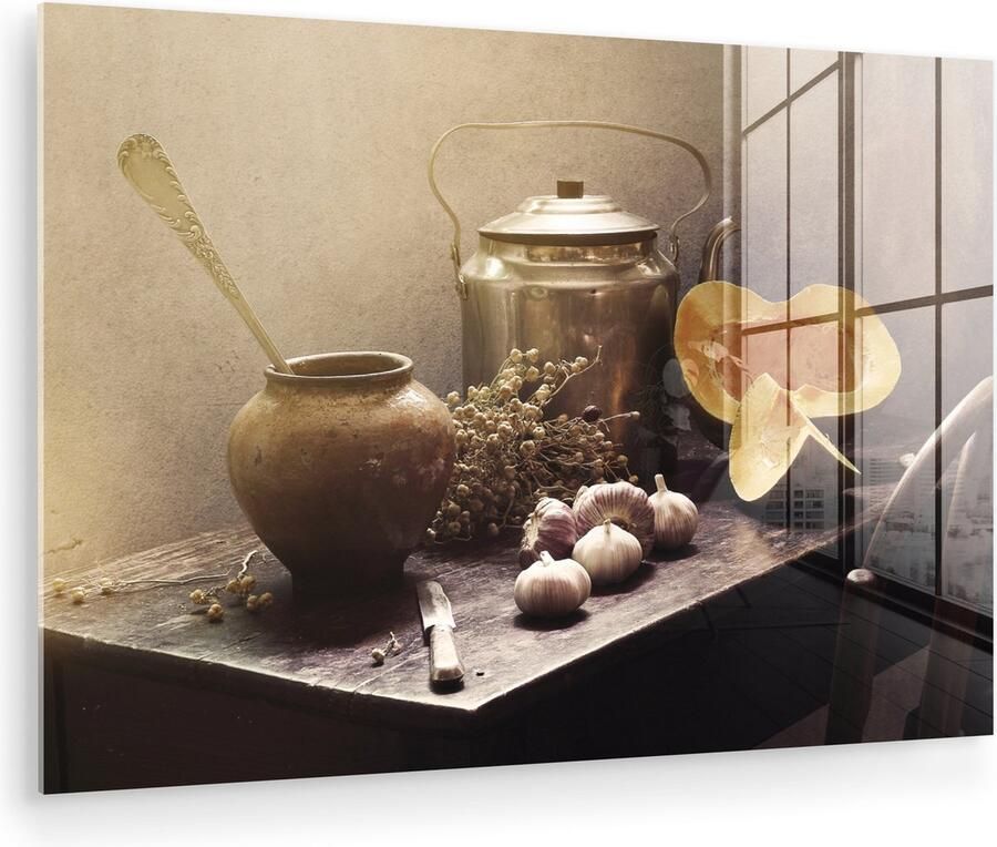 MuchoWow Glasschilderij 150x100 cm Schilderij acrylglas Stilleven Pompoen Knoflook Pan Tafel Foto op glas Muurdecoratie woonkamer Wanddecoratie slaapkamer Schilderijen