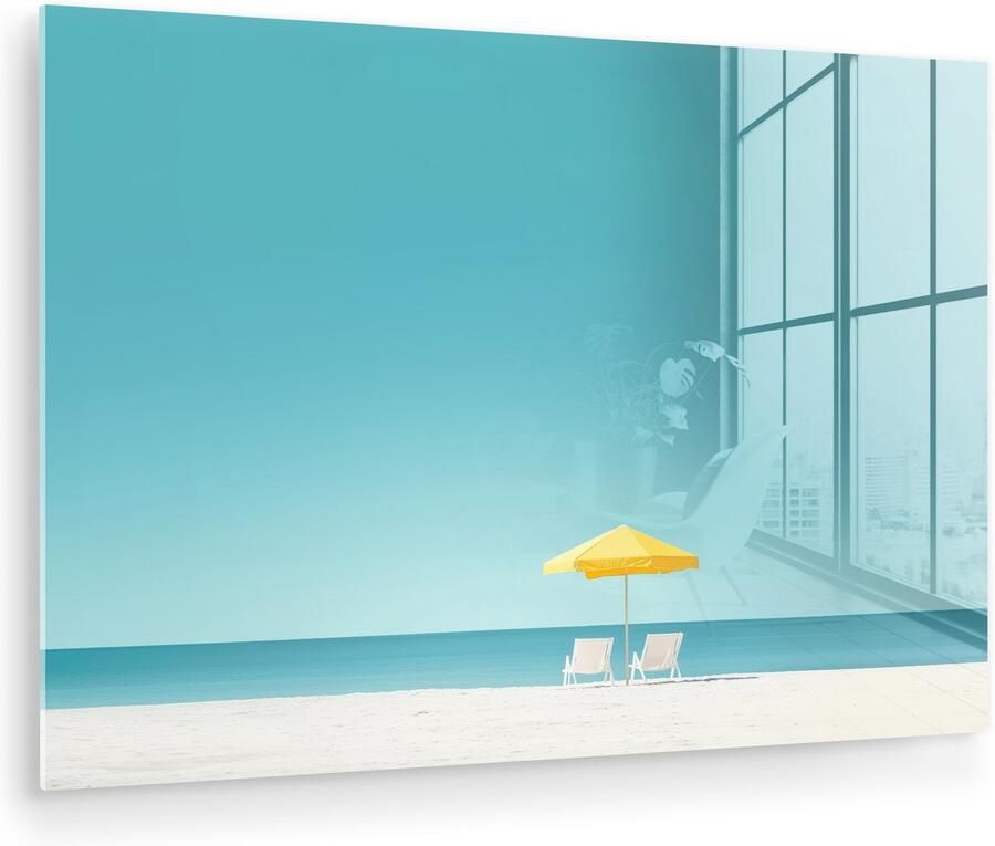 MuchoWow Glasschilderij 120x80 cm Schilderij acrylglas Strand Blauwe lucht Geel Parasol Foto op glas Muurdecoratie woonkamer Wanddecoratie slaapkamer Schilderijen