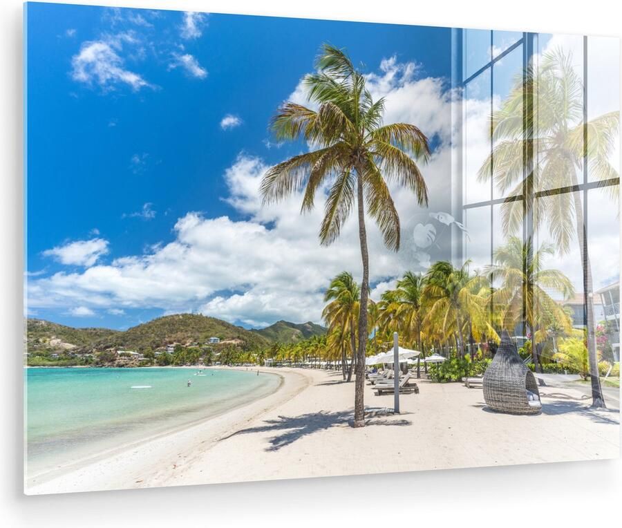 MuchoWow Glasschilderij 60x40 cm Schilderij acrylglas Strand Ligbed Palmbomen Foto op glas Muurdecoratie woonkamer Wanddecoratie slaapkamer Schilderijen - Foto 2