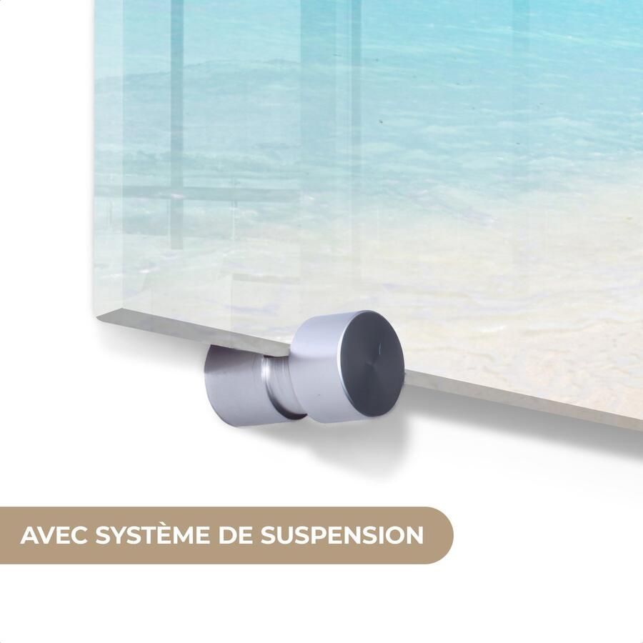 MuchoWow Glasschilderij 60x40 cm Schilderij acrylglas Strand Palm Hangstoel Foto op glas Muurdecoratie woonkamer Wanddecoratie slaapkamer Schilderijen