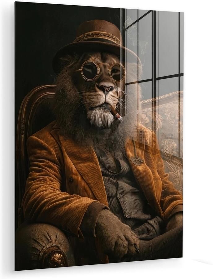 MuchoWow Glasschilderij 90x120 cm Schilderij acrylglas Bril Leeuw Bank Hoed Foto op glas Muurdecoratie woonkamer Wanddecoratie slaapkamer Schilderijen