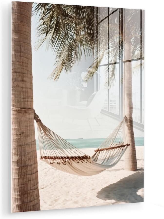 MuchoWow Glasschilderij 90x120 cm Schilderij acrylglas Hangmat Palmbomen Strand Zee Foto op glas Muurdecoratie woonkamer Wanddecoratie slaapkamer Schilderijen