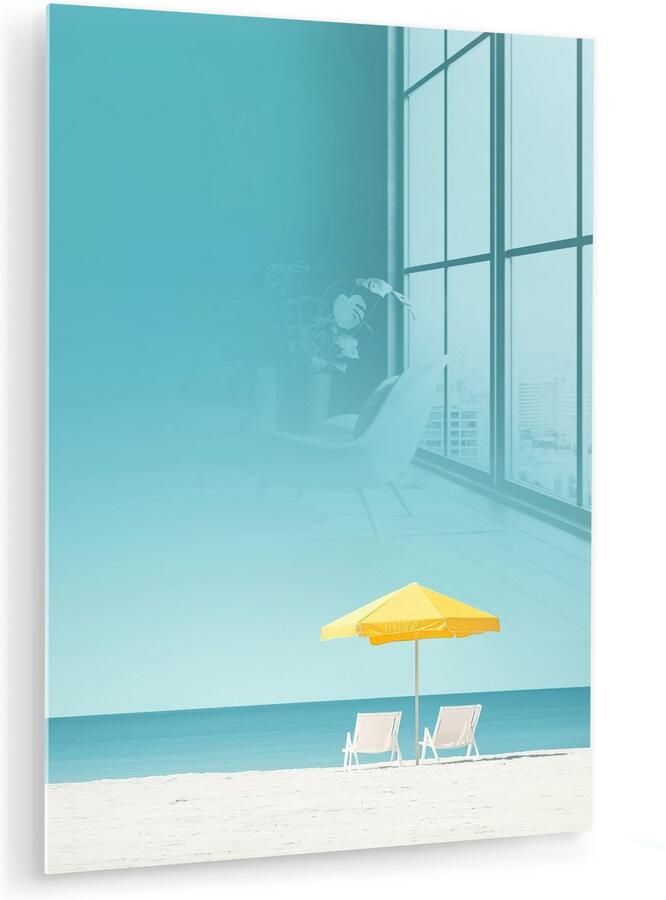 MuchoWow Glasschilderij 90x120 cm Schilderij acrylglas Strand Blauwe lucht Geel Parasol Foto op glas Muurdecoratie woonkamer Wanddecoratie slaapkamer Schilderijen