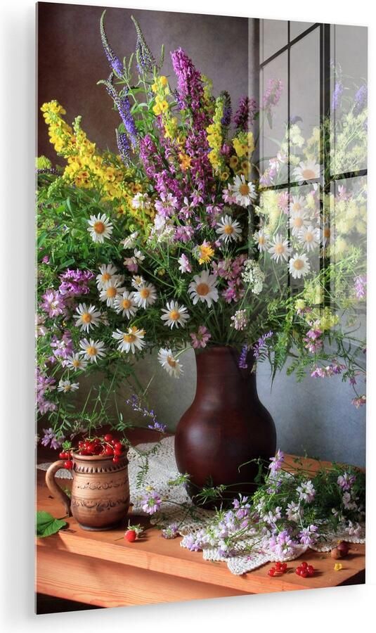 MuchoWow Glasschilderij 120x180 cm Schilderij acrylglas Bloemen Tafel Stilleven Boeket Vaas Foto op glas Muurdecoratie woonkamer Wanddecoratie slaapkamer Schilderijen - Foto 2