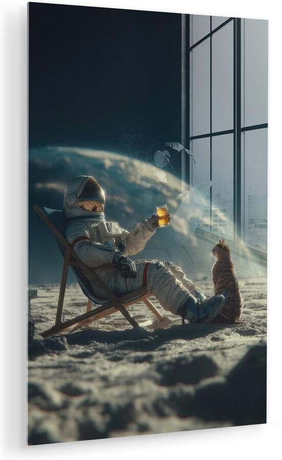 MuchoWow Glasschilderij 100x150 cm Schilderij acrylglas Astronaut Kat Glas Stoel Foto op glas Muurdecoratie woonkamer Wanddecoratie slaapkamer Schilderijen
