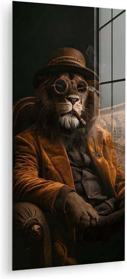 MuchoWow Glasschilderij 80x160 cm Schilderij acrylglas Bril Leeuw Bank Hoed Foto op glas Muurdecoratie woonkamer Wanddecoratie slaapkamer Schilderijen