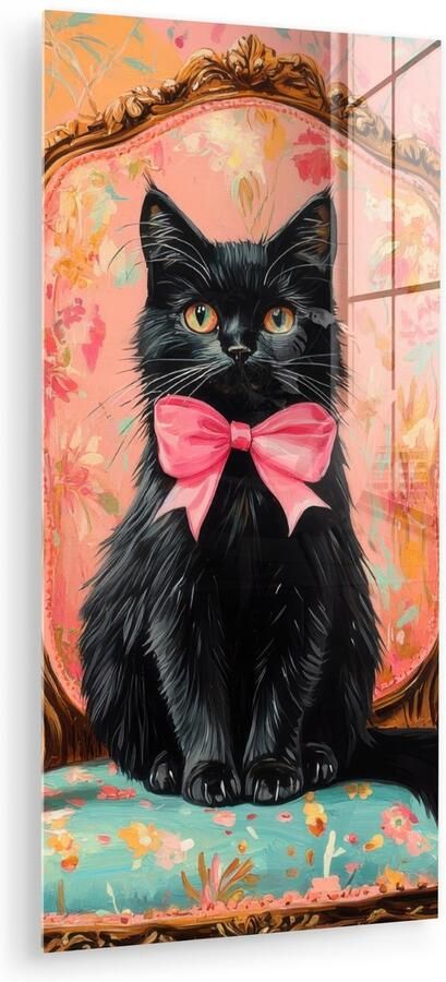 MuchoWow Glasschilderij 80x160 cm Schilderij acrylglas Kat Roze Stoel met bloemenmotief Foto op glas Muurdecoratie woonkamer Wanddecoratie slaapkamer Schilderijen