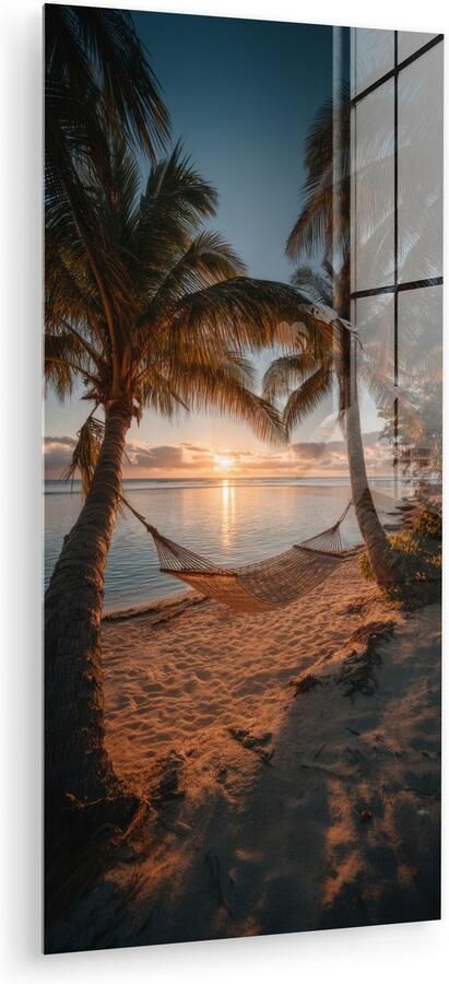 MuchoWow Glasschilderij 80x160 cm Schilderij acrylglas Palmbomen Hangmat Strand Zonsondergang Foto op glas Muurdecoratie woonkamer Wanddecoratie slaapkamer Schilderijen