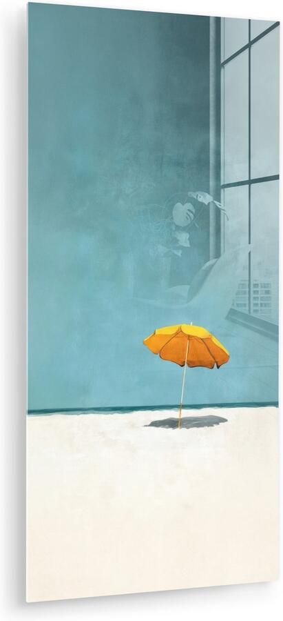 MuchoWow Glasschilderij 40x80 cm Schilderij acrylglas Parasol Geel Strand Zee Foto op glas Muurdecoratie woonkamer Wanddecoratie slaapkamer Schilderijen