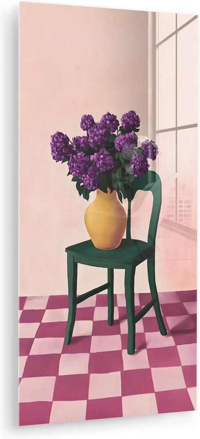 MuchoWow Glasschilderij 60x120 cm Schilderij acrylglas Stoel Vaas Bloemen Geblokt Foto op glas Muurdecoratie woonkamer Wanddecoratie slaapkamer Schilderijen