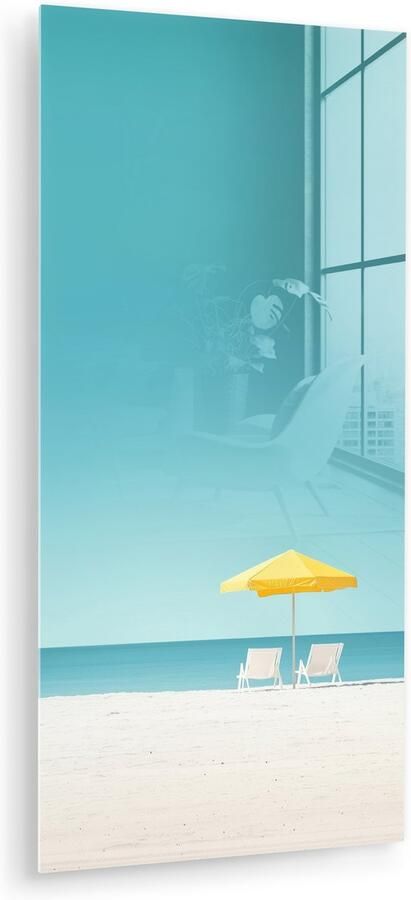 MuchoWow Glasschilderij 80x160 cm Schilderij acrylglas Strand Blauwe lucht Geel Parasol Foto op glas Muurdecoratie woonkamer Wanddecoratie slaapkamer Schilderijen