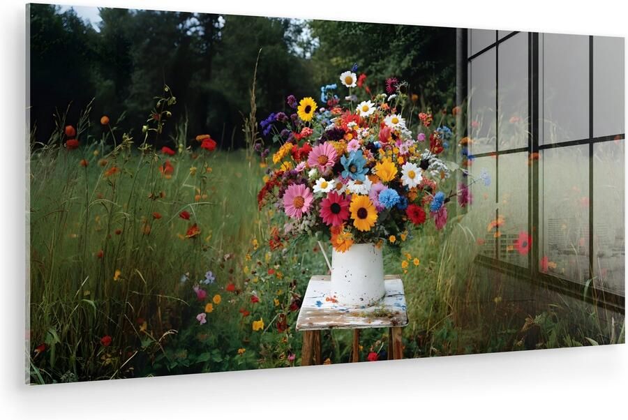 MuchoWow Glasschilderij 120x60 cm Schilderij acrylglas Bloemen Krukje Gieter Veld Foto op glas Muurdecoratie woonkamer Wanddecoratie slaapkamer Schilderijen