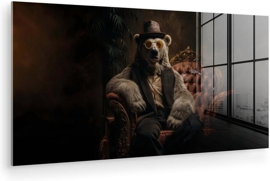 MuchoWow Glasschilderij 120x60 cm Schilderij acrylglas Ijsbeer Hoed Bril Stoel Foto op glas Muurdecoratie woonkamer Wanddecoratie slaapkamer Schilderijen