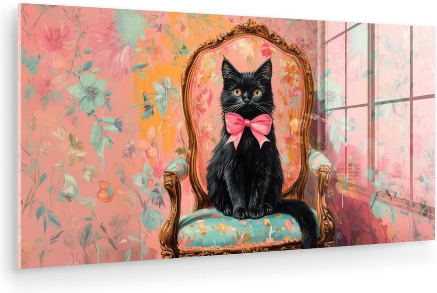 MuchoWow Glasschilderij 120x60 cm Schilderij acrylglas Kat Roze Stoel met bloemenmotief Foto op glas Muurdecoratie woonkamer Wanddecoratie slaapkamer Schilderijen
