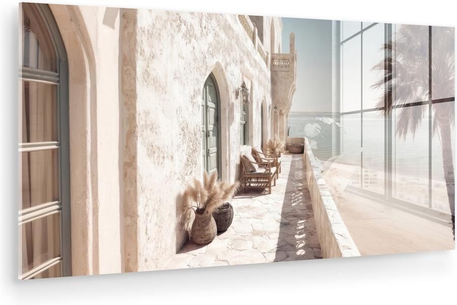 MuchoWow Glasschilderij 120x60 cm Schilderij acrylglas Terras Stoelen Strand Beige Foto op glas Muurdecoratie woonkamer Wanddecoratie slaapkamer Schilderijen