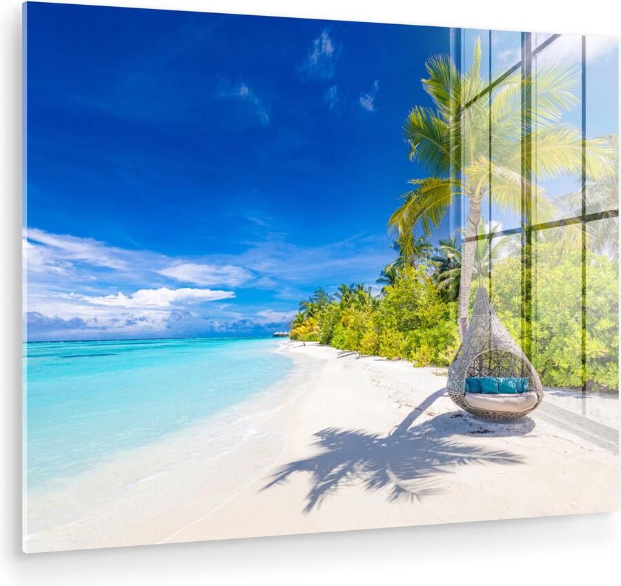 MuchoWow Glasschilderij 80x60 cm Schilderij acrylglas Strand Palm Hangstoel Foto op glas Muurdecoratie woonkamer Wanddecoratie slaapkamer Schilderijen